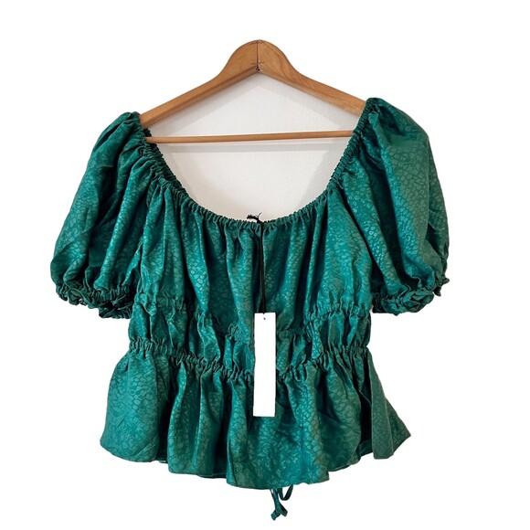 NSR Napean Sea Road Green Peplum Blouse Off Shoulder Puff Sleeve Small - Picture 3 of 12